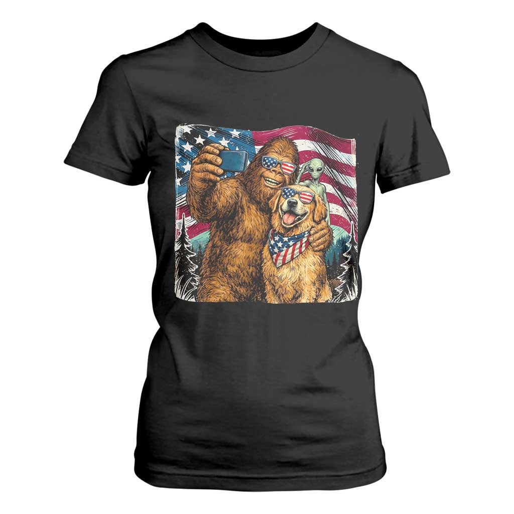 Funny Patriotic Bigfoot Golden Retriever Selfie Squad T Shirt For Women TS12 Black Print Your Wear