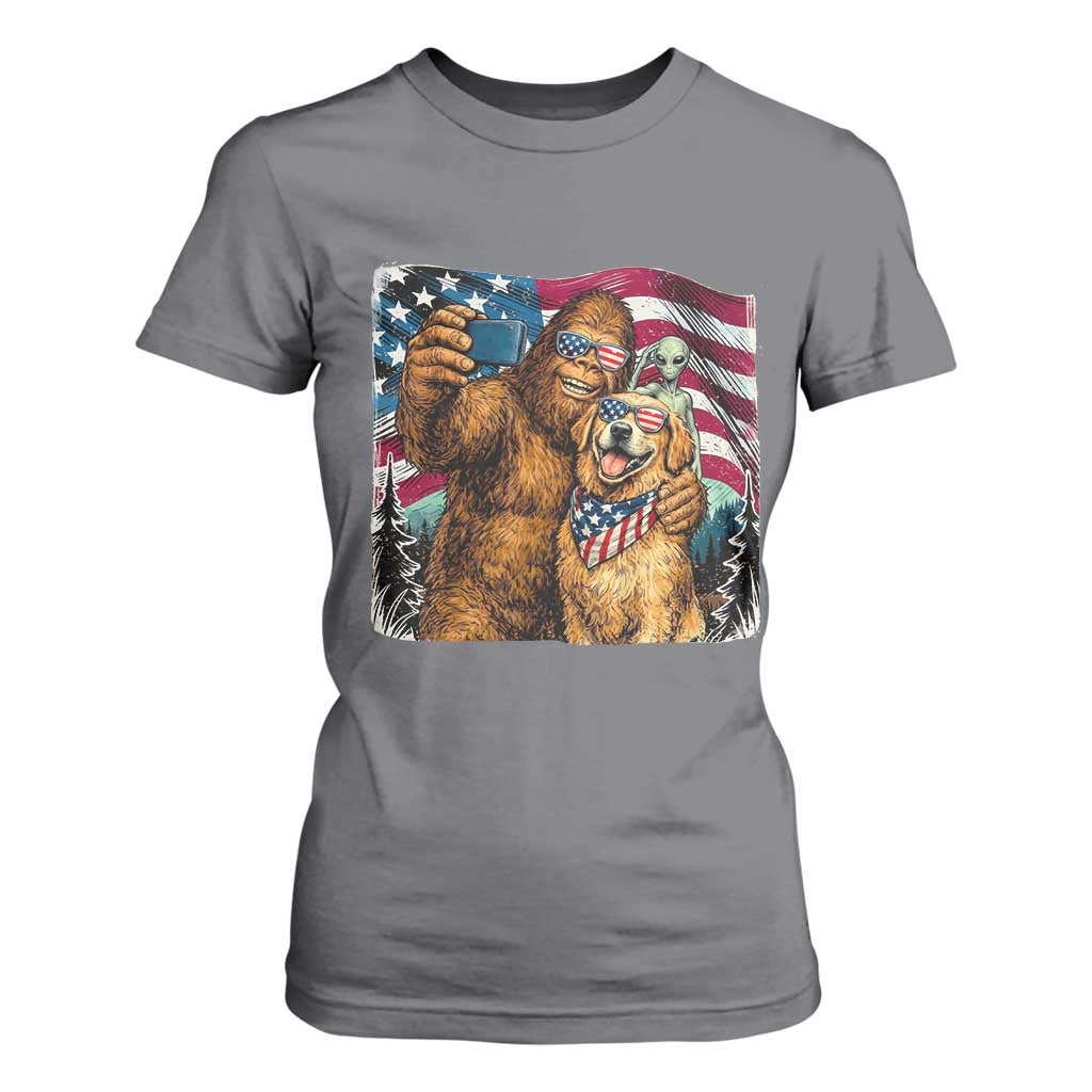 Funny Patriotic Bigfoot Golden Retriever Selfie Squad T Shirt For Women TS12 Charcoal Print Your Wear