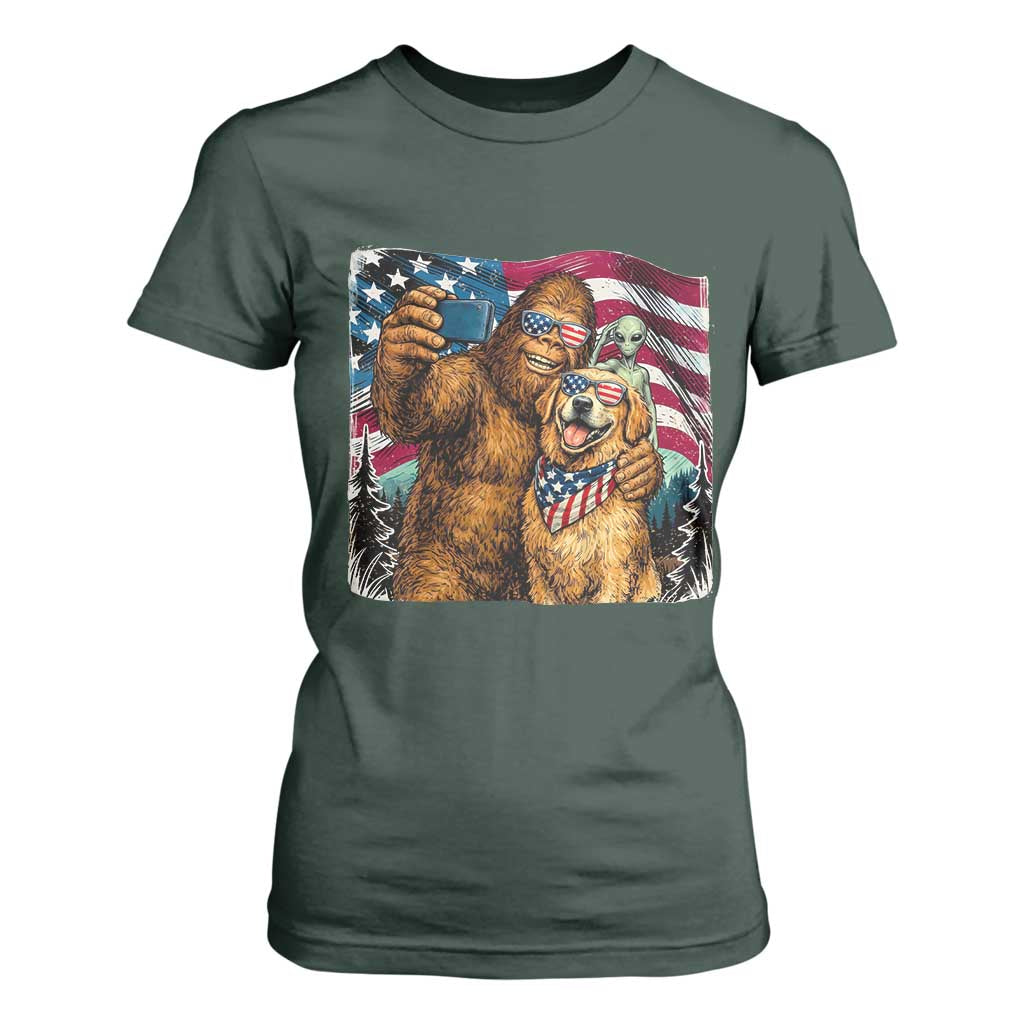 Funny Patriotic Bigfoot Golden Retriever Selfie Squad T Shirt For Women TS12 Dark Forest Green Print Your Wear
