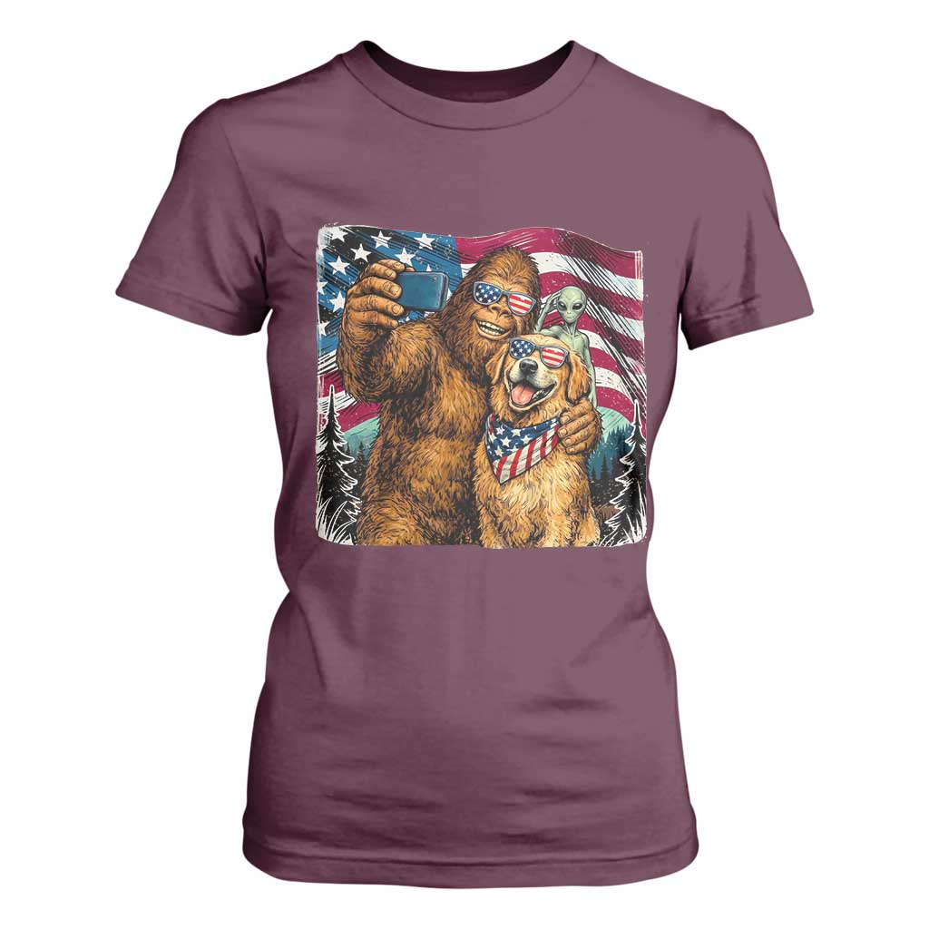 Funny Patriotic Bigfoot Golden Retriever Selfie Squad T Shirt For Women TS12 Maroon Print Your Wear