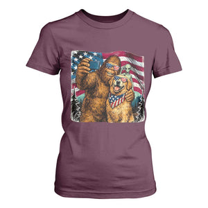 Funny Patriotic Bigfoot Golden Retriever Selfie Squad T Shirt For Women TS12 Maroon Print Your Wear