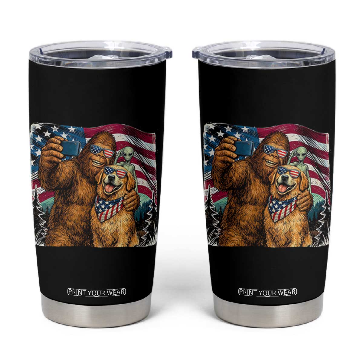 Funny Patriotic Bigfoot Golden Retriever Selfie Squad Tumbler Cup