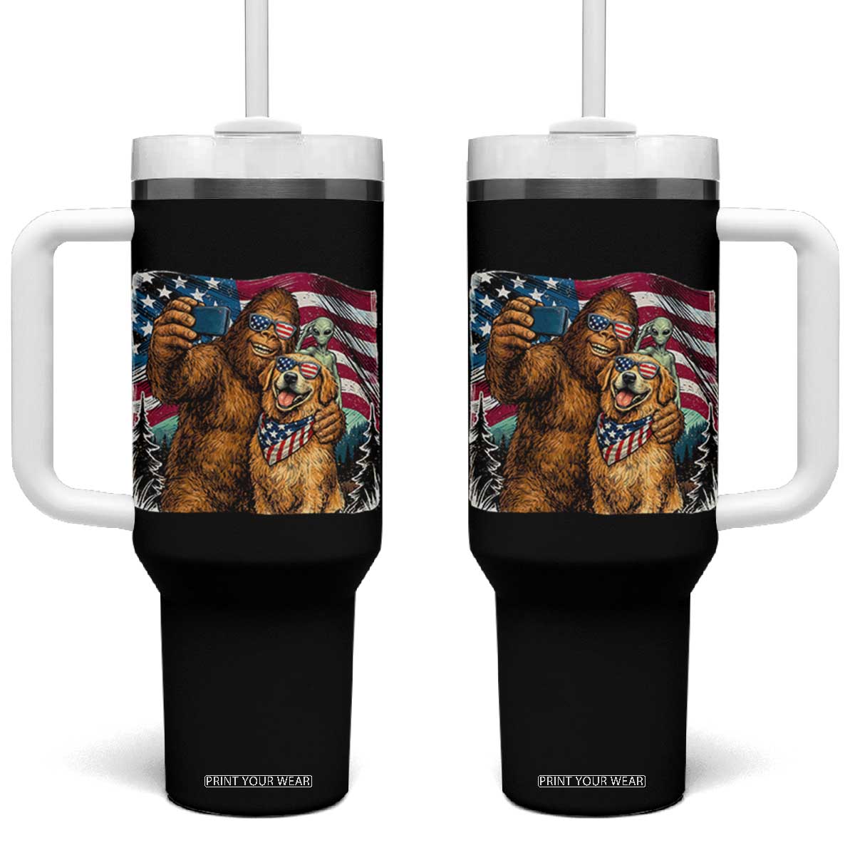Funny Patriotic Bigfoot Golden Retriever Selfie Squad Tumbler With Handle