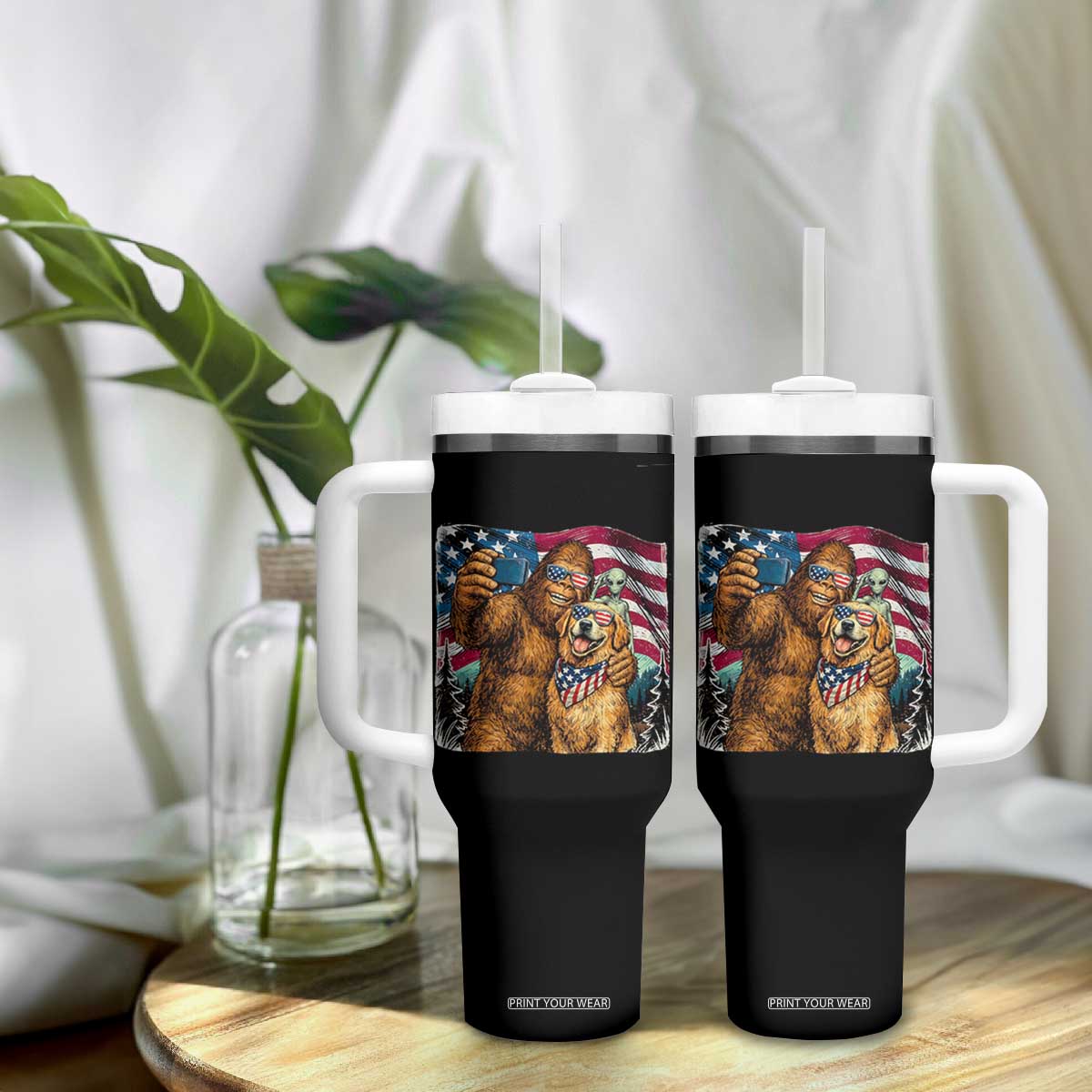 Funny Patriotic Bigfoot Golden Retriever Selfie Squad Tumbler With Handle