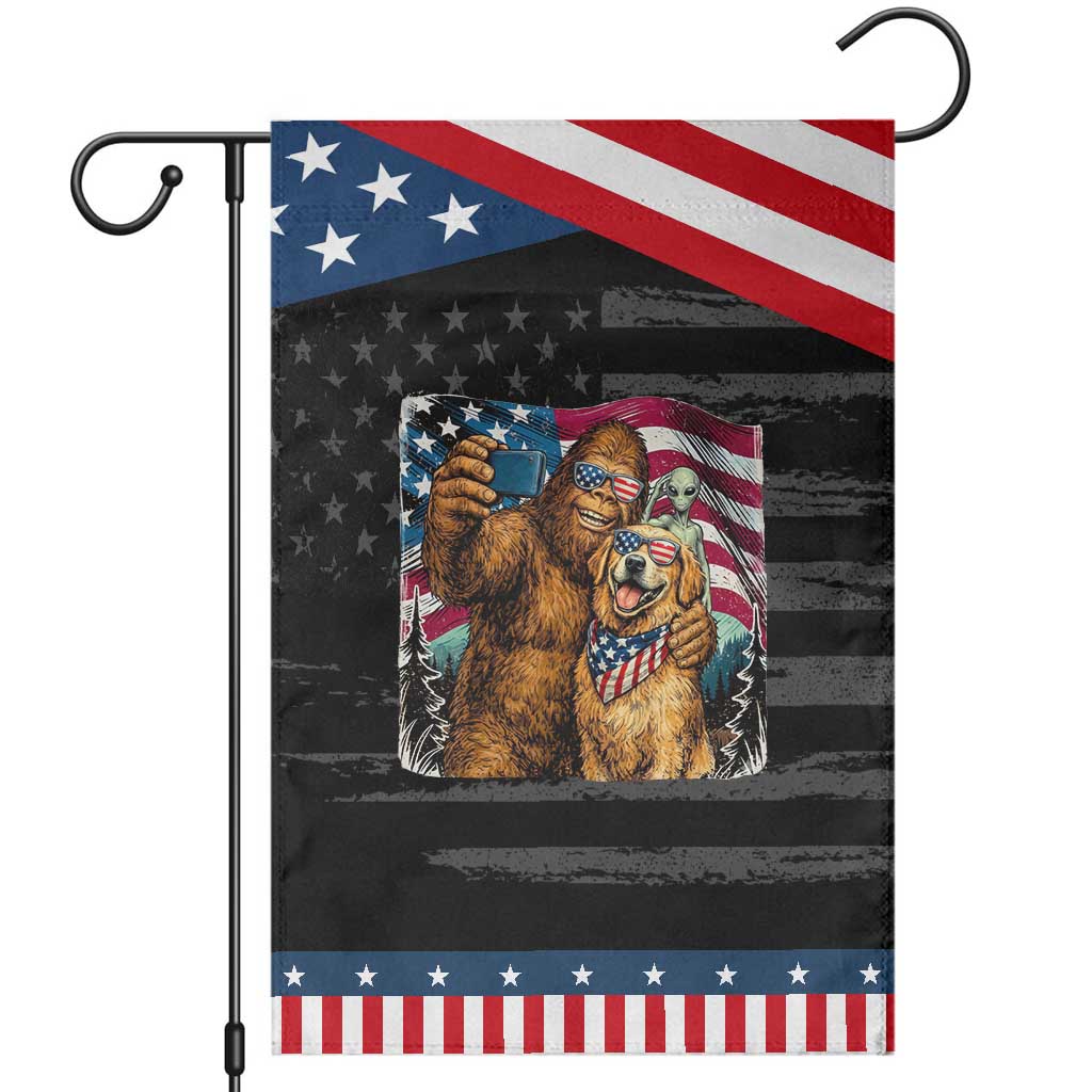 Funny Bigfoot Golden Retriever Selfie Squad Patriotic Garden Flag TS12 Distressed Black Blue Print Your Wear