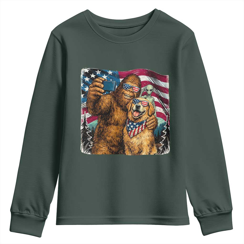 Funny Patriotic Bigfoot Golden Retriever Selfie Squad Youth Sweatshirt TS12 Dark Forest Green Print Your Wear