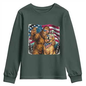 Funny Patriotic Bigfoot Golden Retriever Selfie Squad Youth Sweatshirt TS12 Dark Forest Green Print Your Wear