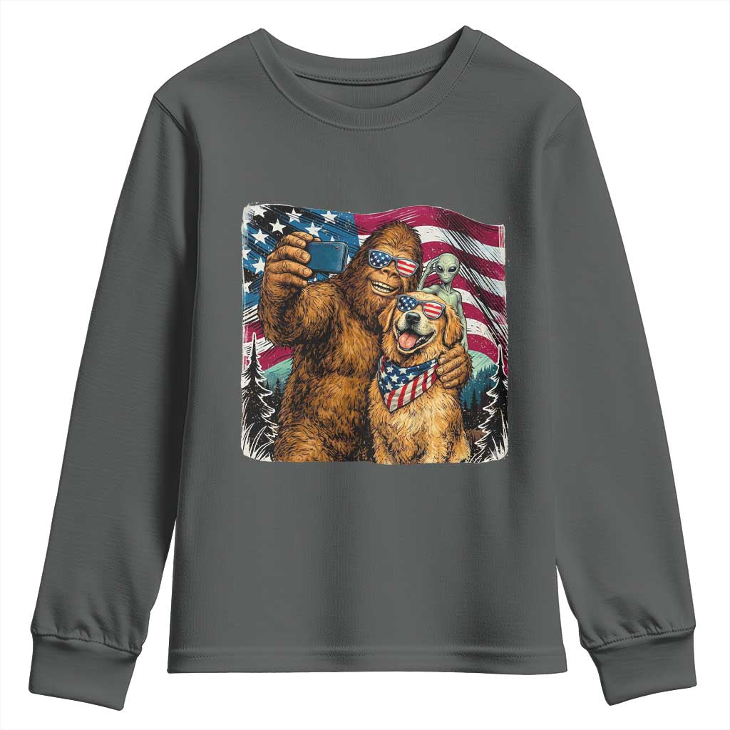 Funny Patriotic Bigfoot Golden Retriever Selfie Squad Youth Sweatshirt TS12 Dark Heather Print Your Wear
