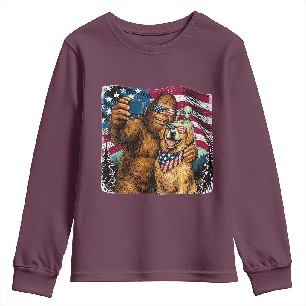 Funny Patriotic Bigfoot Golden Retriever Selfie Squad Youth Sweatshirt TS12 Maroon Print Your Wear