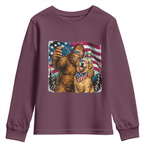 Funny Patriotic Bigfoot Golden Retriever Selfie Squad Youth Sweatshirt TS12 Maroon Print Your Wear