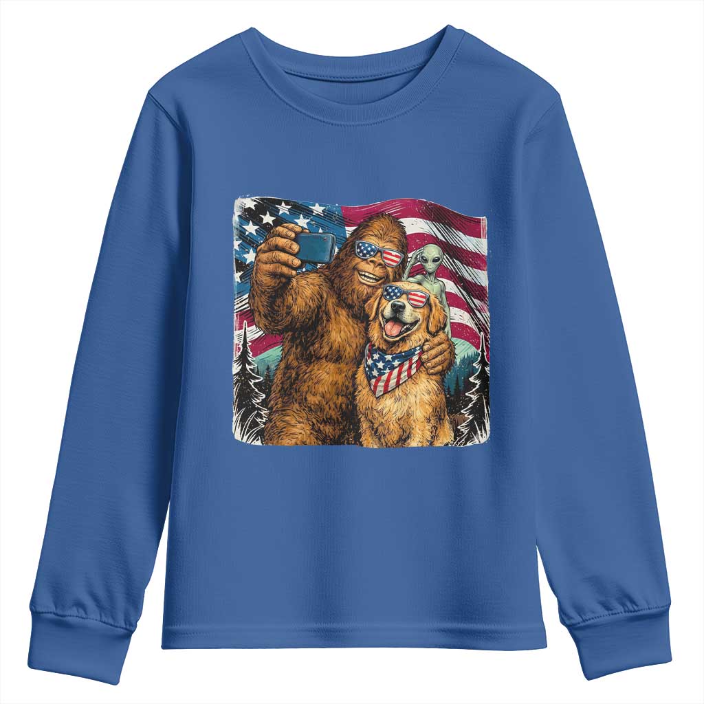 Funny Patriotic Bigfoot Golden Retriever Selfie Squad Youth Sweatshirt TS12 Royal Blue Print Your Wear
