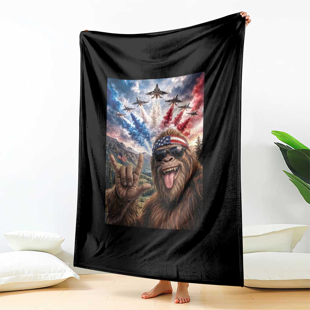 Patriotic Bigfoot 4th Of July Selfie Throw Blanket Funny USA Freedom Jet Fighter Graphic