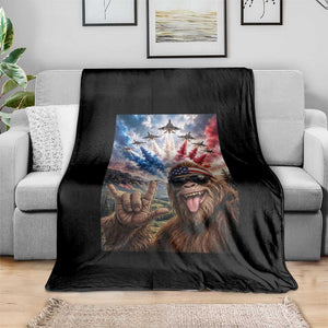 Patriotic Bigfoot 4th Of July Selfie Throw Blanket Funny USA Freedom Jet Fighter Graphic