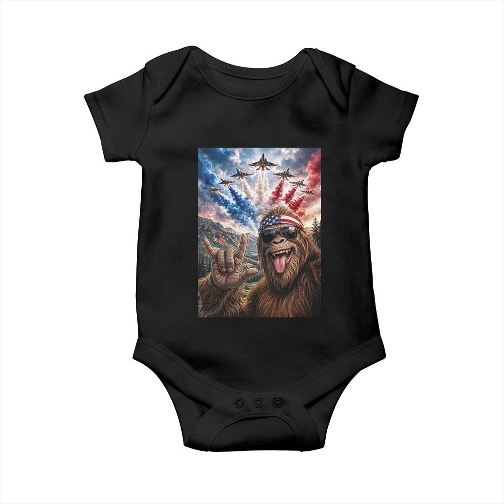 Patriotic Bigfoot 4th Of July Selfie Baby Onesie Funny USA Freedom Jet Fighter Graphic TS12 Black Print Your Wear