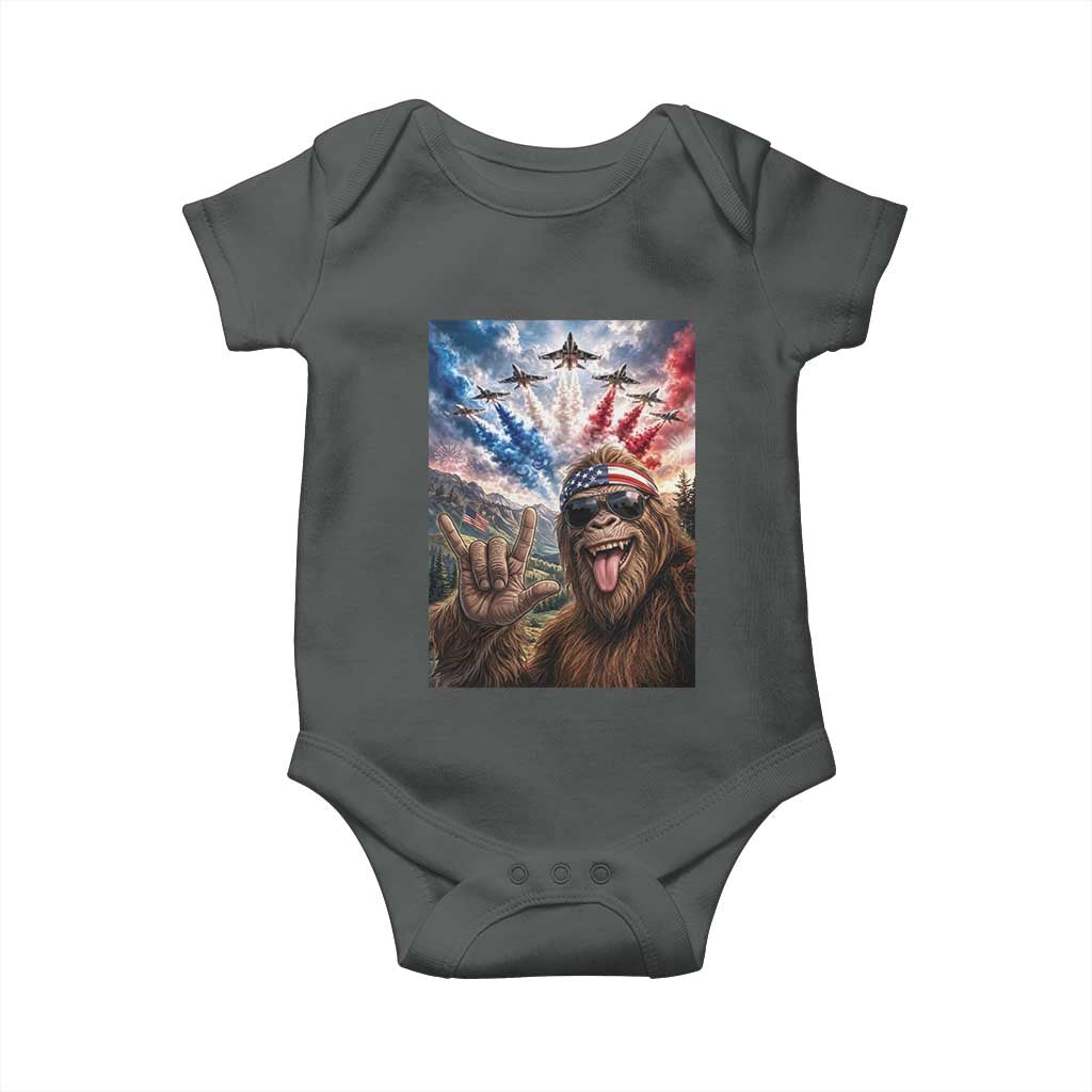 Patriotic Bigfoot 4th Of July Selfie Baby Onesie Funny USA Freedom Jet Fighter Graphic TS12 Dark Heather Print Your Wear