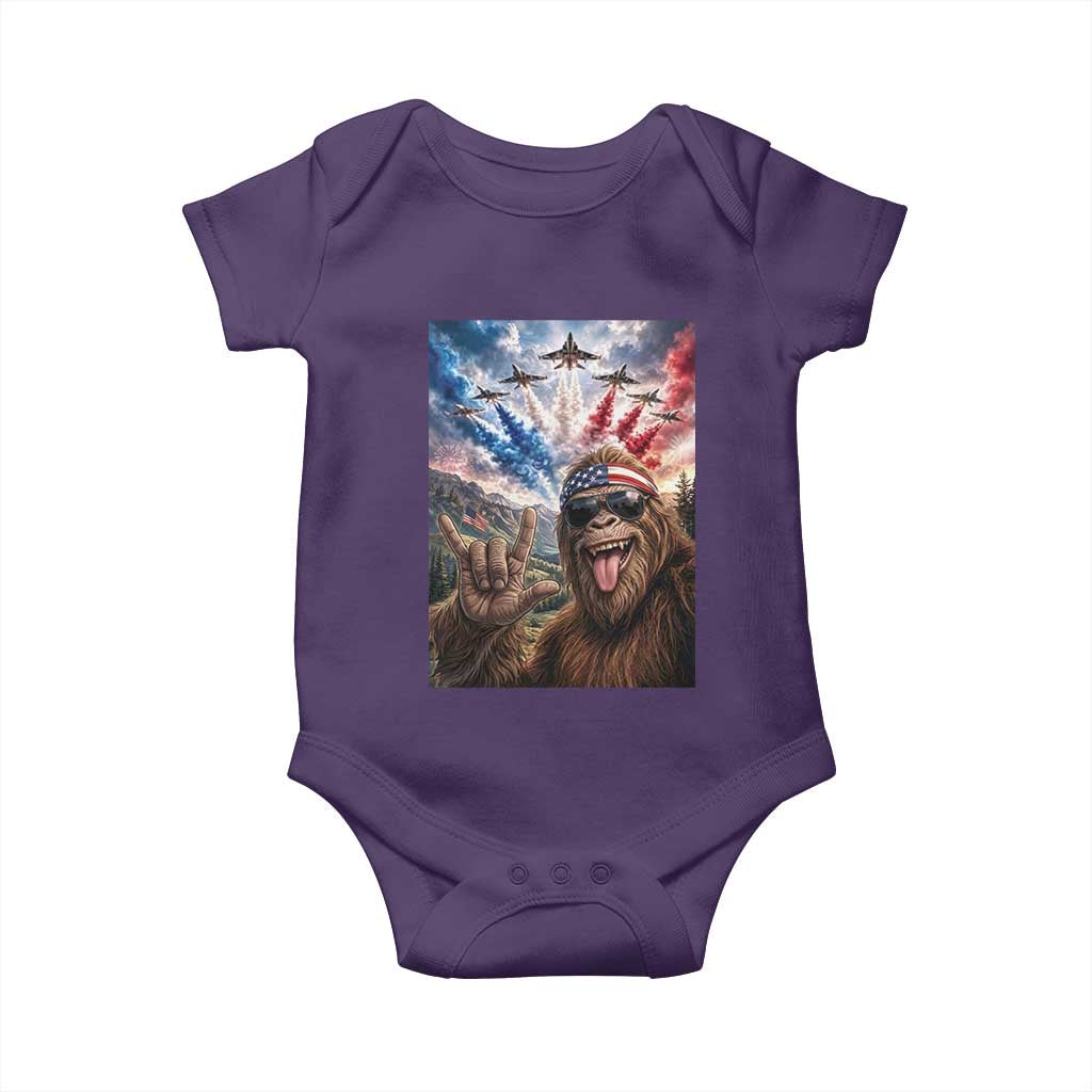 Patriotic Bigfoot 4th Of July Selfie Baby Onesie Funny USA Freedom Jet Fighter Graphic TS12 Purple Print Your Wear