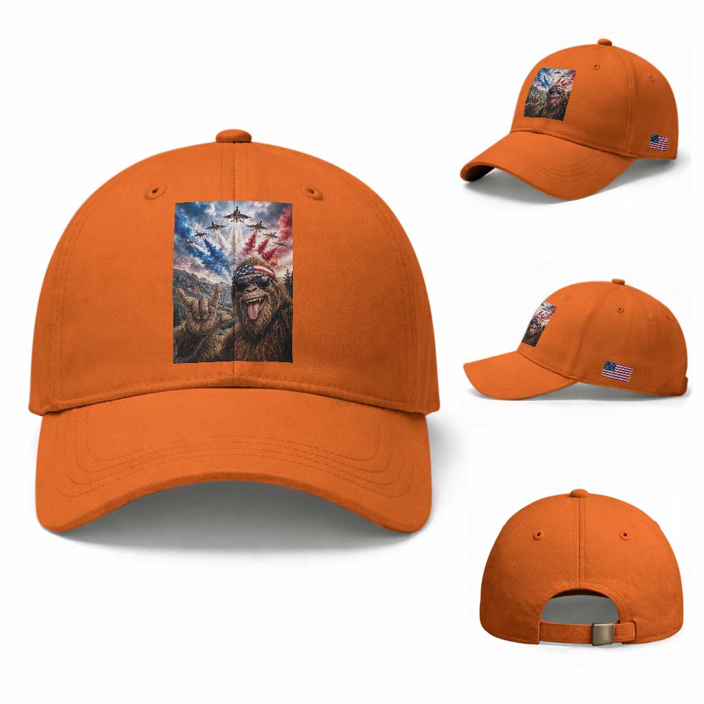 Patriotic Bigfoot 4th Of July Selfie Baseball Cap Funny USA Freedom Jet Fighter Graphic TS12 Baseball Cap Universal Fit Orange Print Your Wear