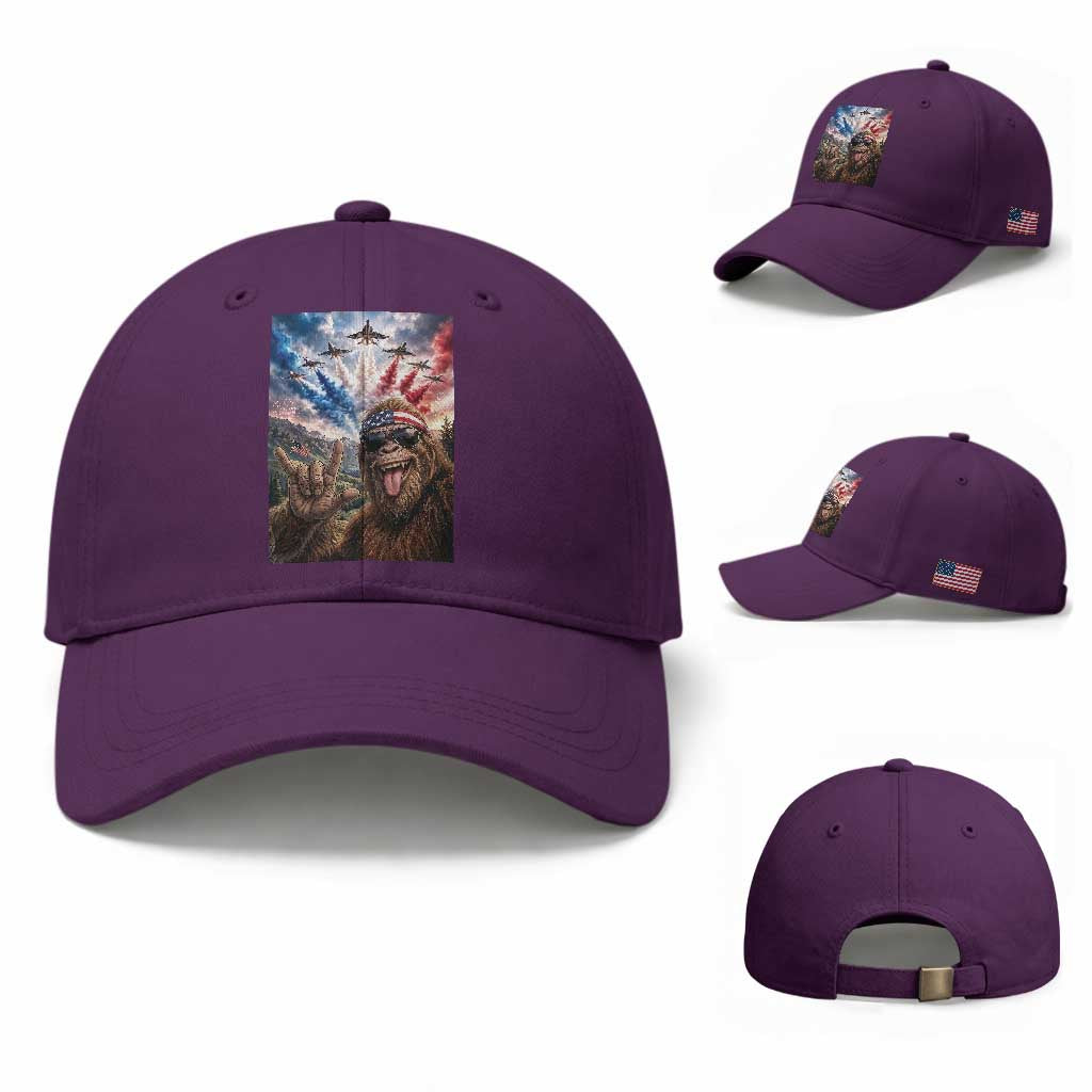 Patriotic Bigfoot 4th Of July Selfie Baseball Cap Funny USA Freedom Jet Fighter Graphic TS12 Baseball Cap Universal Fit Purple Print Your Wear