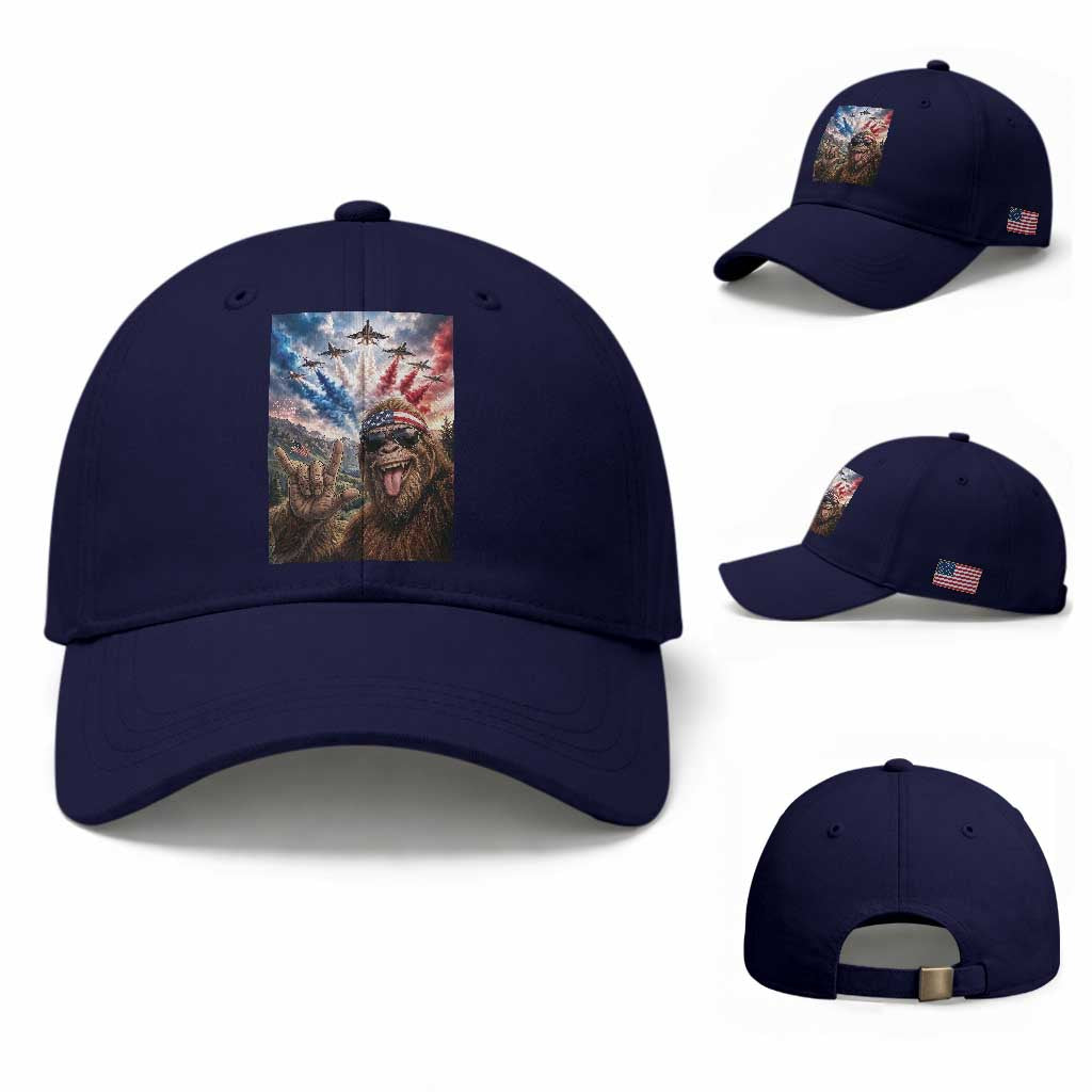 Patriotic Bigfoot 4th Of July Selfie Baseball Cap Funny USA Freedom Jet Fighter Graphic TS12 Baseball Cap Universal Fit Dark Blue Print Your Wear