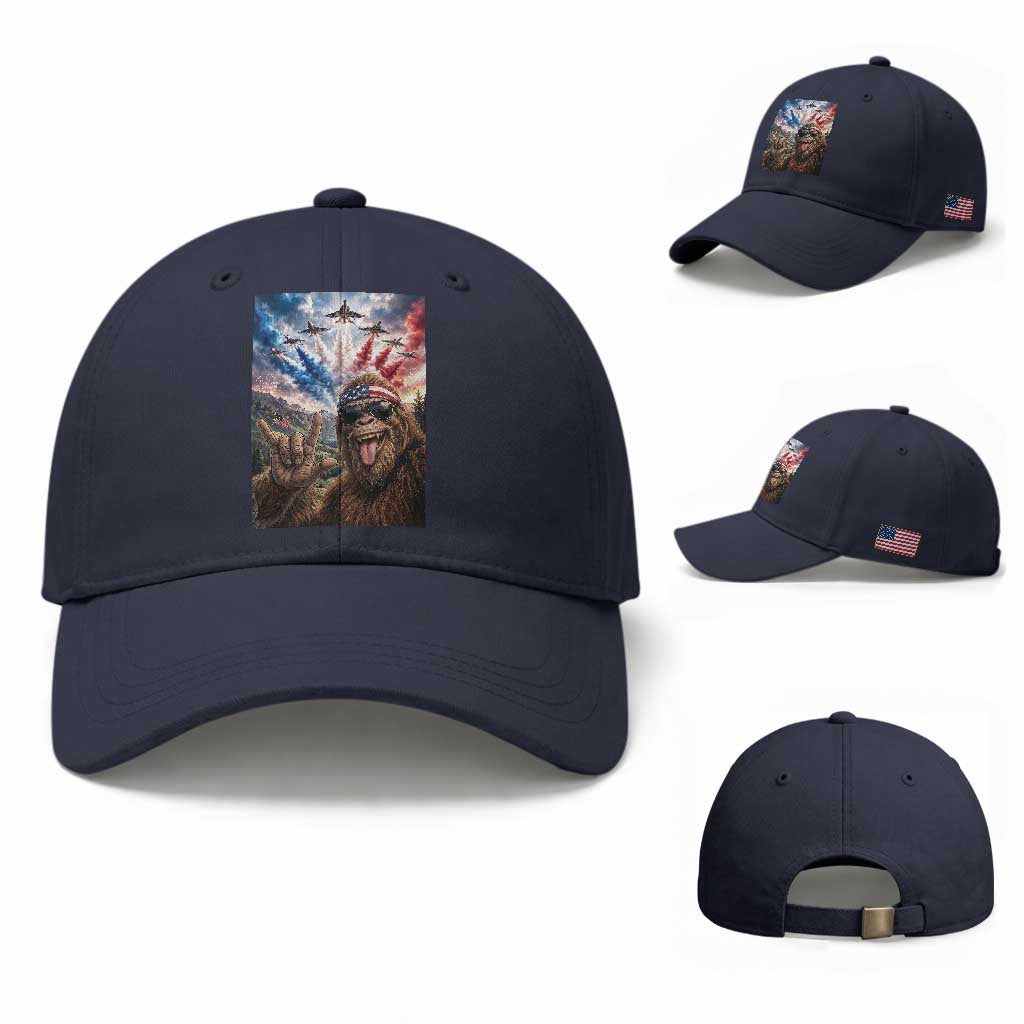 Patriotic Bigfoot 4th Of July Selfie Baseball Cap Funny USA Freedom Jet Fighter Graphic TS12 Baseball Cap Universal Fit Navy Print Your Wear