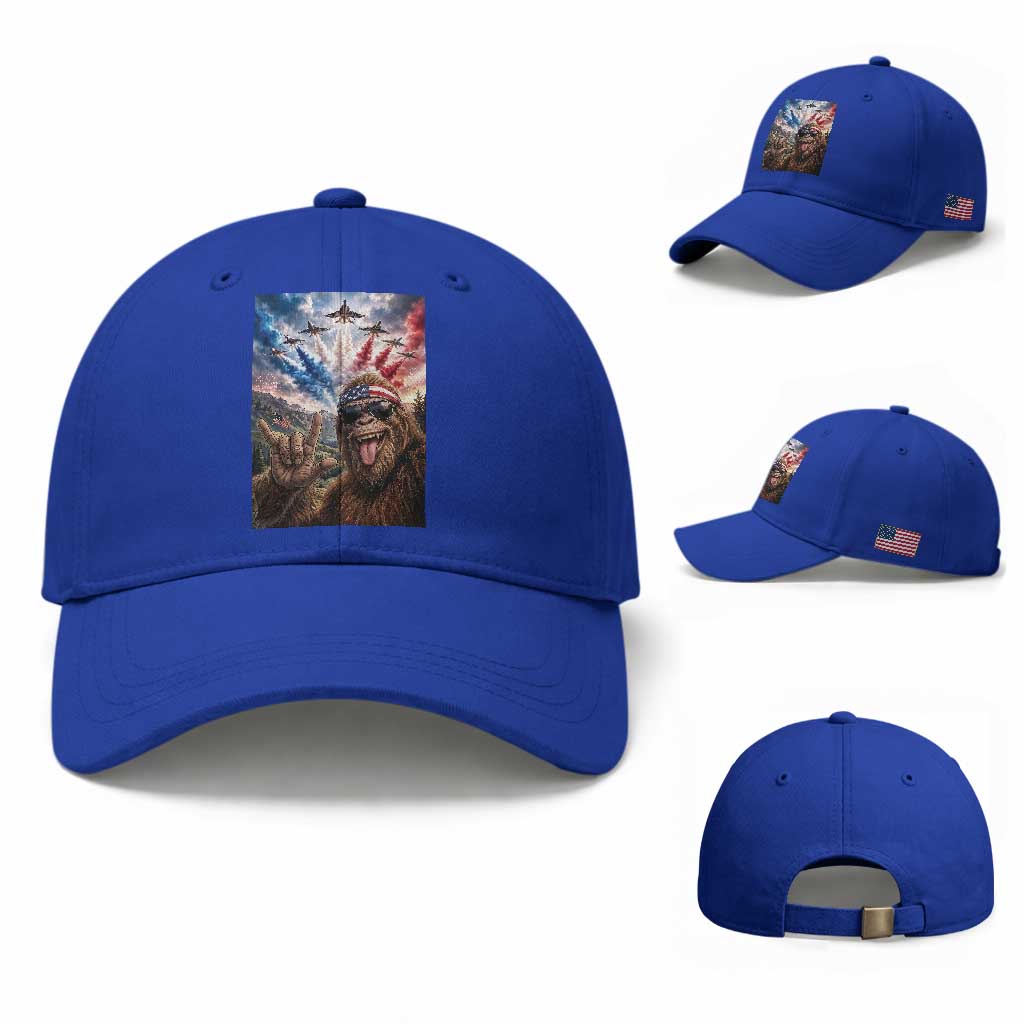 Patriotic Bigfoot 4th Of July Selfie Baseball Cap Funny USA Freedom Jet Fighter Graphic TS12 Baseball Cap Universal Fit Royal Blue Print Your Wear