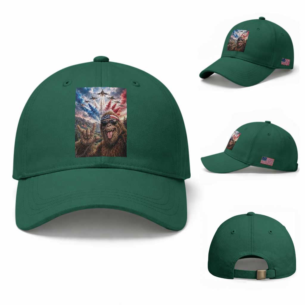 Patriotic Bigfoot 4th Of July Selfie Baseball Cap Funny USA Freedom Jet Fighter Graphic TS12 Baseball Cap Universal Fit Irish Green Print Your Wear