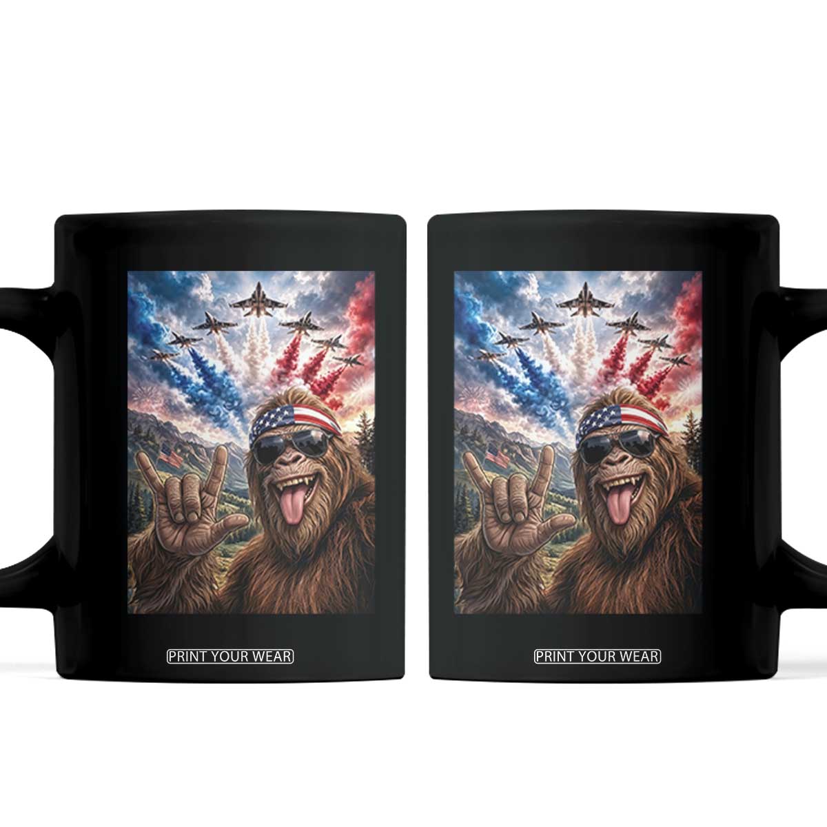 Patriotic Bigfoot 4th Of July Selfie Coffee Mug Funny USA Freedom Jet Fighter Graphic