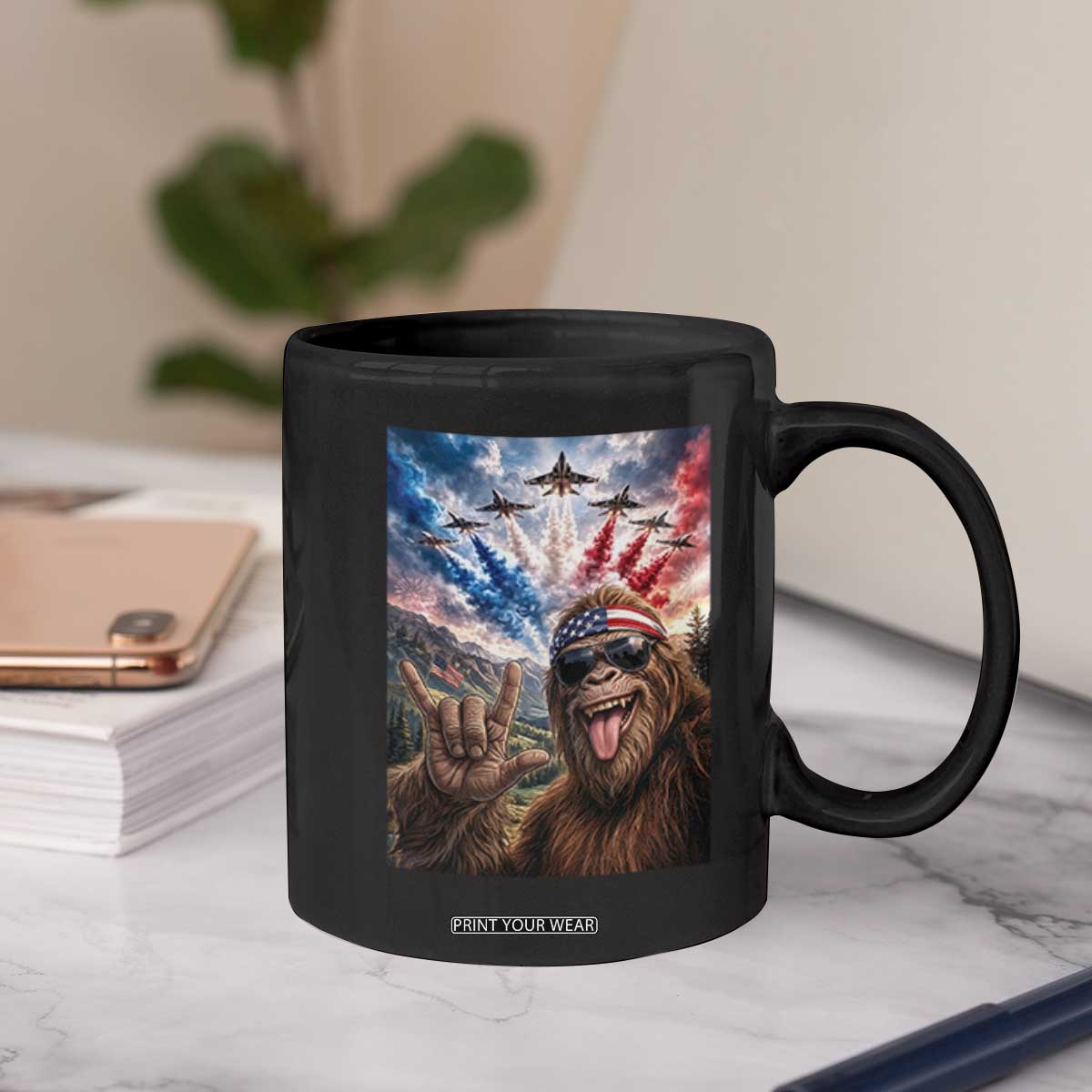 Patriotic Bigfoot 4th Of July Selfie Coffee Mug Funny USA Freedom Jet Fighter Graphic