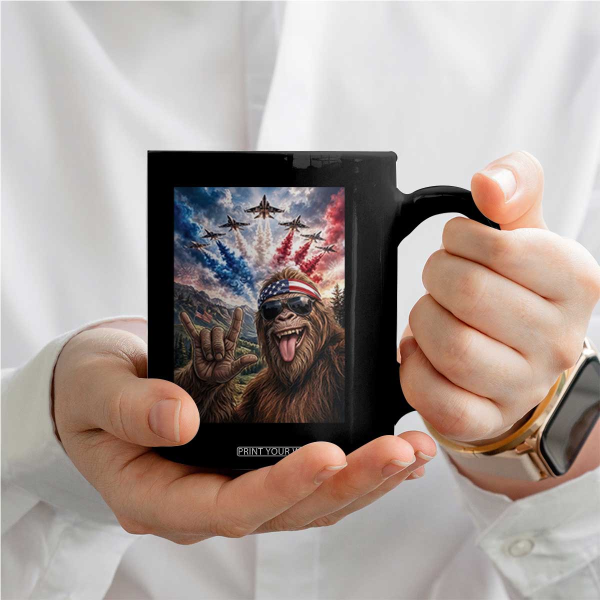 Patriotic Bigfoot 4th Of July Selfie Coffee Mug Funny USA Freedom Jet Fighter Graphic