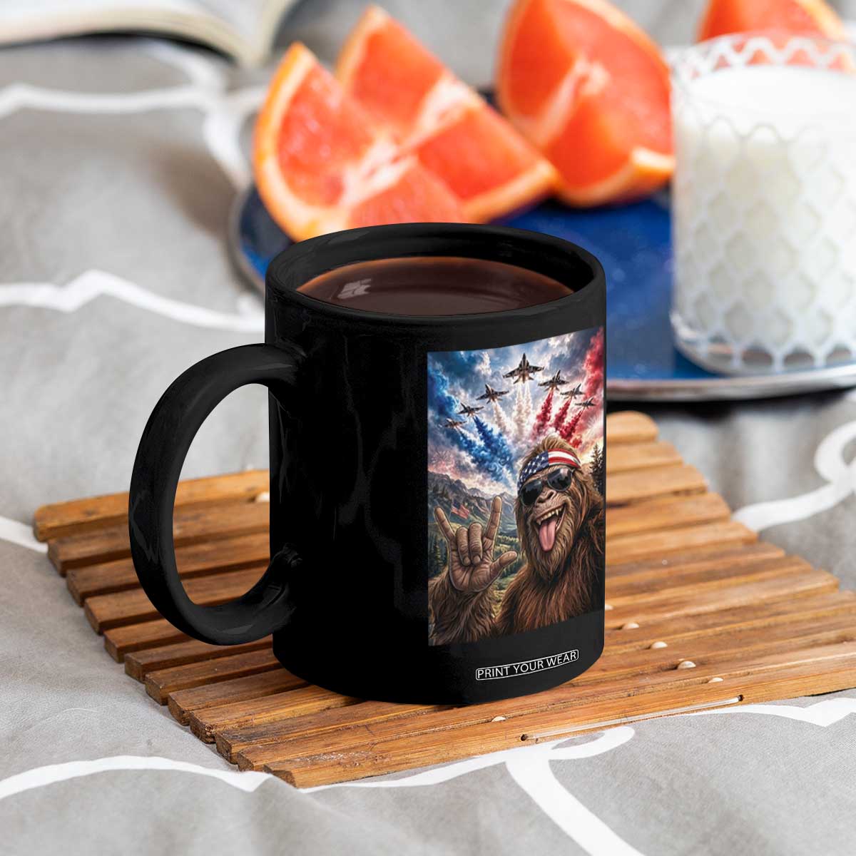 Patriotic Bigfoot 4th Of July Selfie Coffee Mug Funny USA Freedom Jet Fighter Graphic