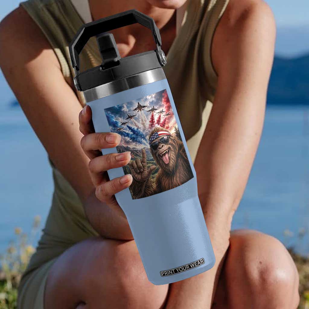 Patriotic Bigfoot 4th Of July Selfie Flip Straw Tumbler Funny USA Freedom Jet Fighter Graphic