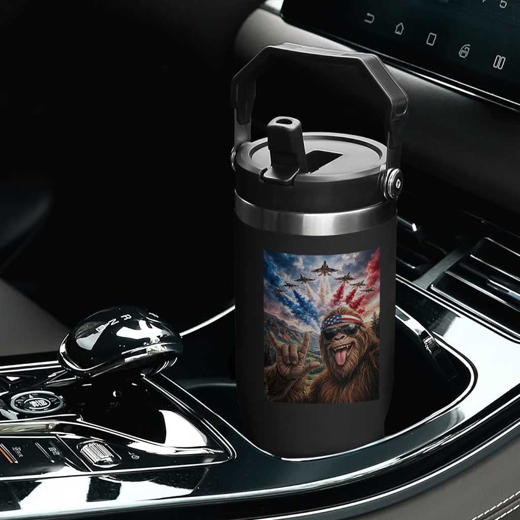 Patriotic Bigfoot 4th Of July Selfie Flip Straw Tumbler Funny USA Freedom Jet Fighter Graphic
