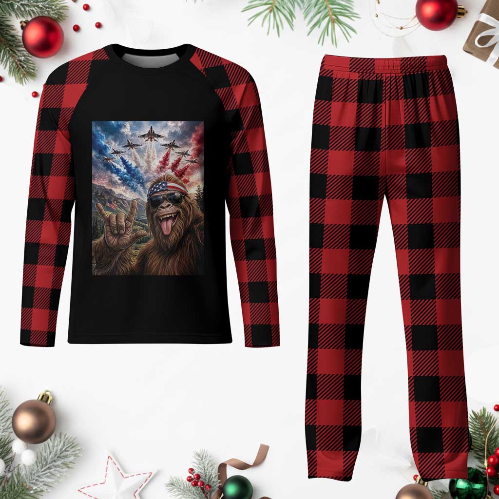 Patriotic Bigfoot 4th Of July Selfie Plaid Pajama Set Funny USA Freedom Jet Fighter Graphic TS12 Buffalo Plaid Print Your Wear