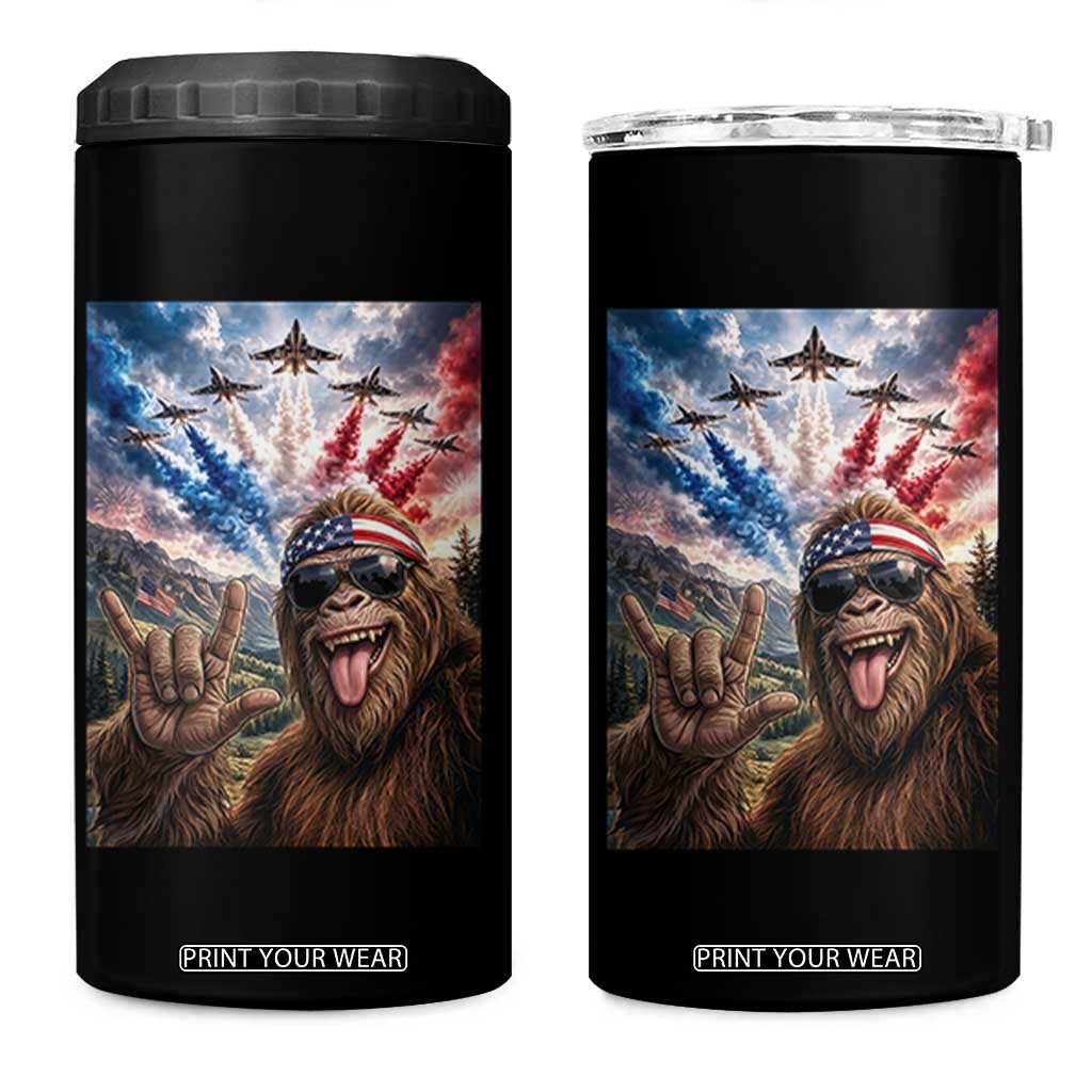 Patriotic Bigfoot 4th Of July Selfie 4 in 1 Can Cooler Tumbler Funny USA Freedom Jet Fighter Graphic