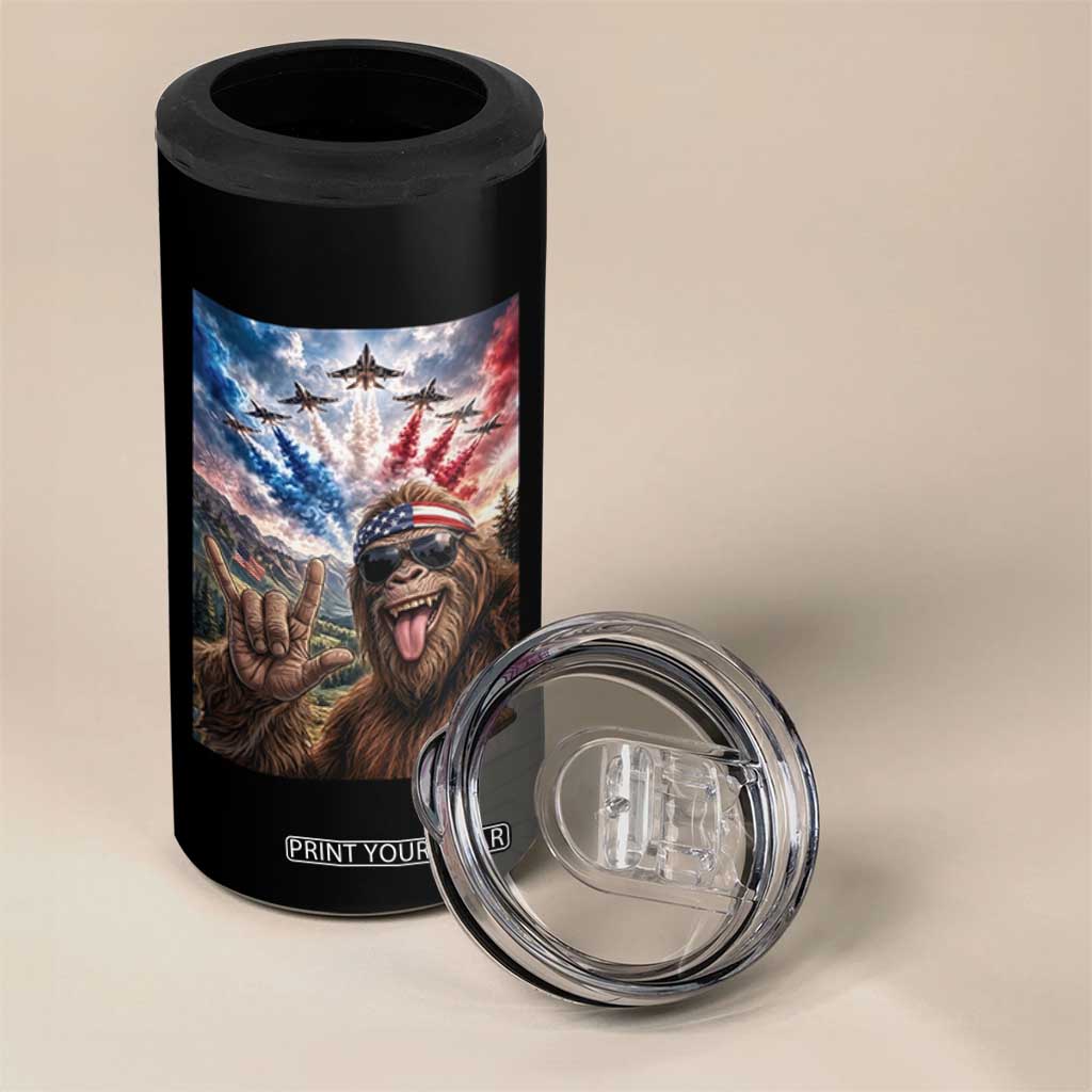 Patriotic Bigfoot 4th Of July Selfie 4 in 1 Can Cooler Tumbler Funny USA Freedom Jet Fighter Graphic