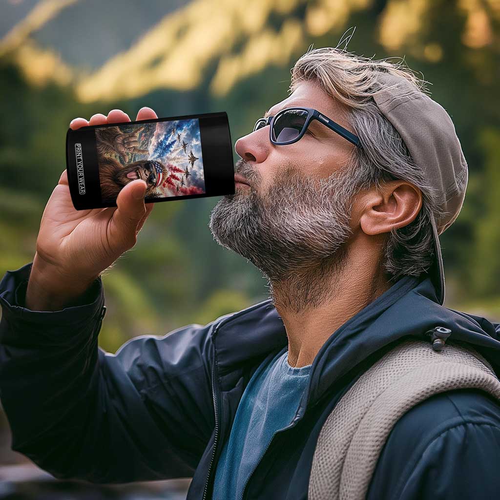 Patriotic Bigfoot 4th Of July Selfie 4 in 1 Can Cooler Tumbler Funny USA Freedom Jet Fighter Graphic