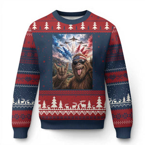 Patriotic Bigfoot 4th Of July Selfie Ugly Christmas Sweater Funny USA Freedom Jet Fighter Graphic