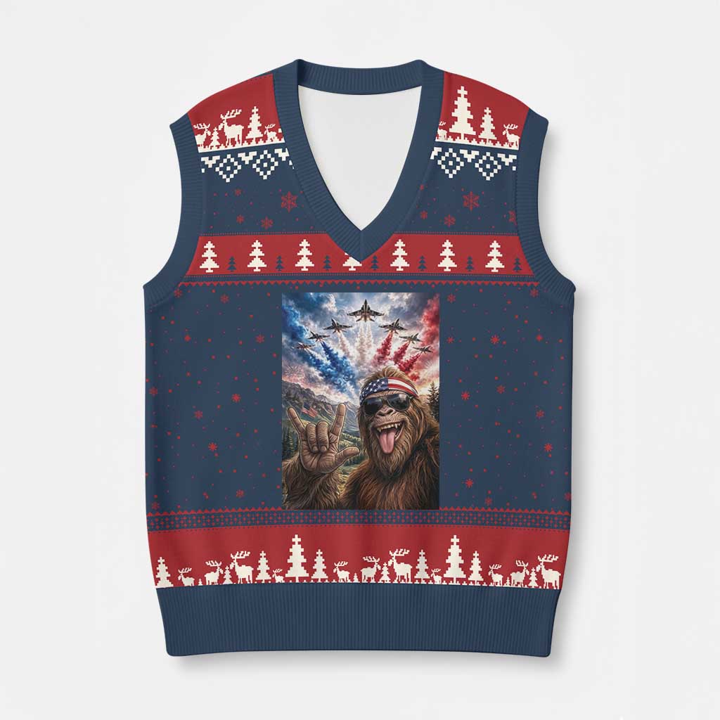 Patriotic Bigfoot 4th Of July Selfie V-Neck Knit Sweater Vest Funny USA Freedom Jet Fighter Graphic