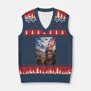 Patriotic Bigfoot 4th Of July Selfie V-Neck Knit Sweater Vest Funny USA Freedom Jet Fighter Graphic