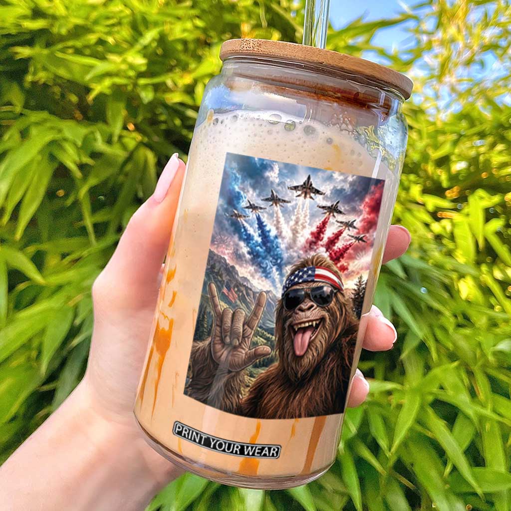 Patriotic Bigfoot 4th Of July Selfie Glass Can Funny USA Freedom Jet Fighter Graphic TS12 Black Print Your Wear