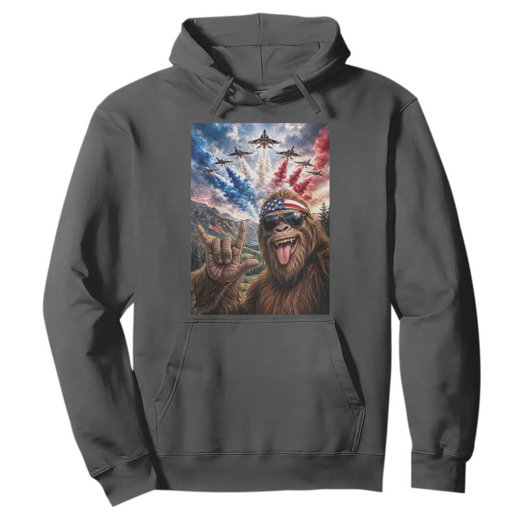 Patriotic Bigfoot 4th Of July Selfie Hoodie Funny USA Freedom Jet Fighter Graphic TS12 Dark Heather Print Your Wear