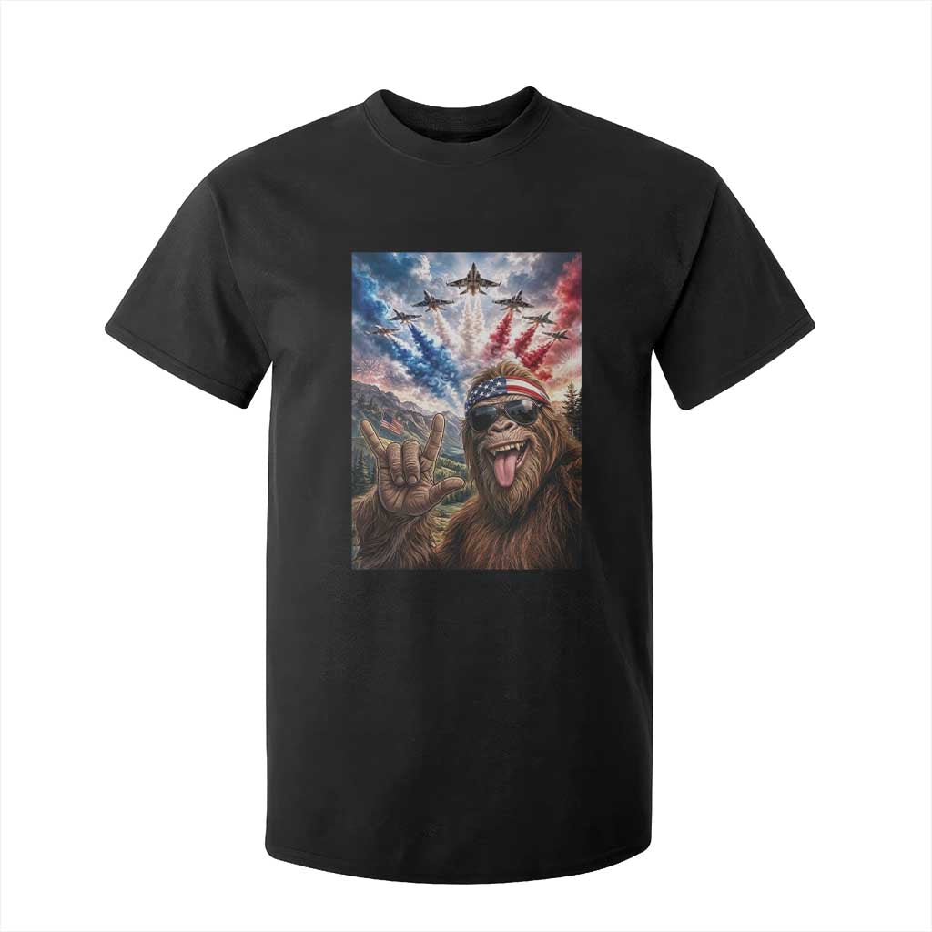 Patriotic Bigfoot 4th Of July Selfie T Shirt For Kid Funny USA Freedom Jet Fighter Graphic TS12 Black Print Your Wear