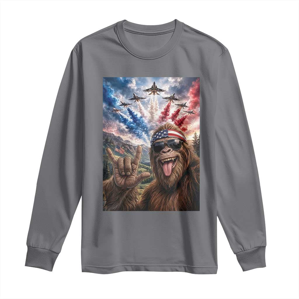 Patriotic Bigfoot 4th Of July Selfie Long Sleeve Shirt Funny USA Freedom Jet Fighter Graphic TS12 Charcoal Print Your Wear