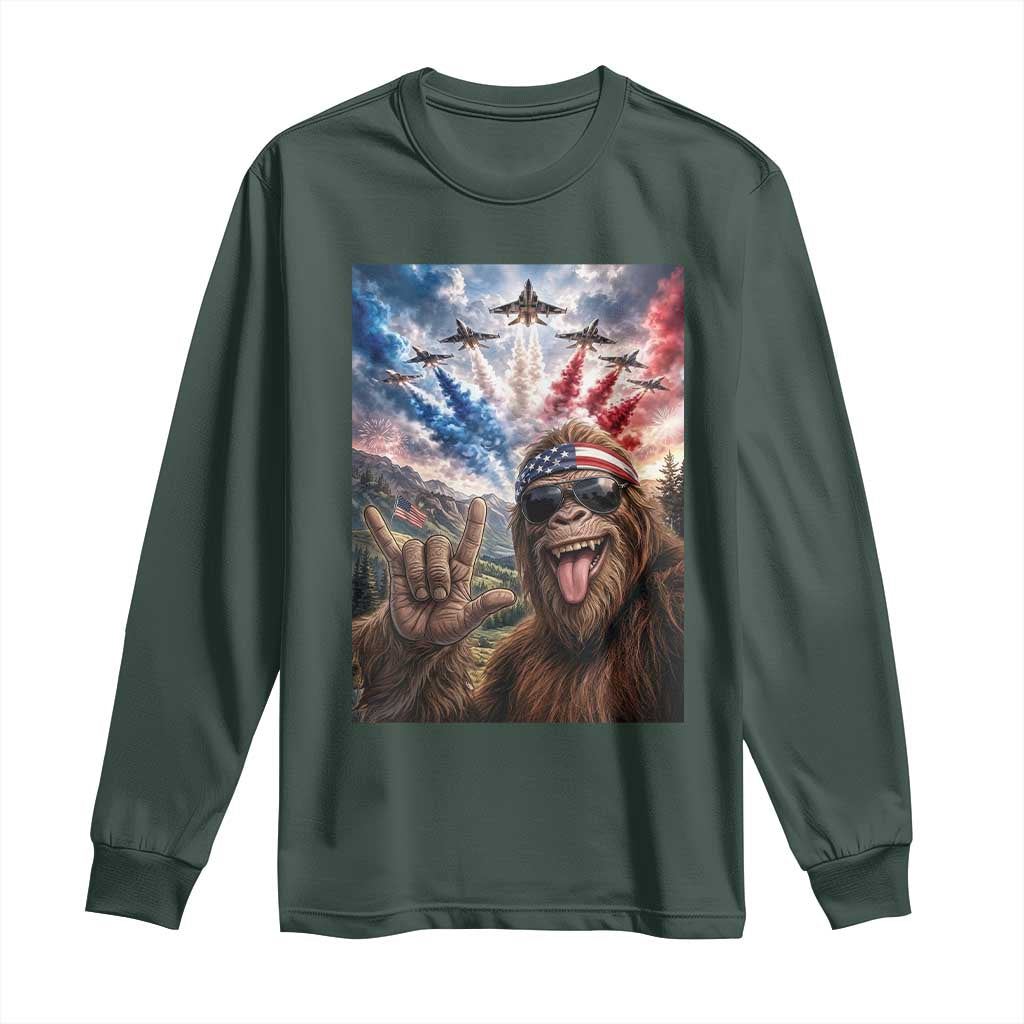 Patriotic Bigfoot 4th Of July Selfie Long Sleeve Shirt Funny USA Freedom Jet Fighter Graphic TS12 Dark Forest Green Print Your Wear