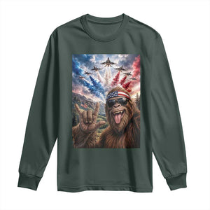 Patriotic Bigfoot 4th Of July Selfie Long Sleeve Shirt Funny USA Freedom Jet Fighter Graphic TS12 Dark Forest Green Print Your Wear