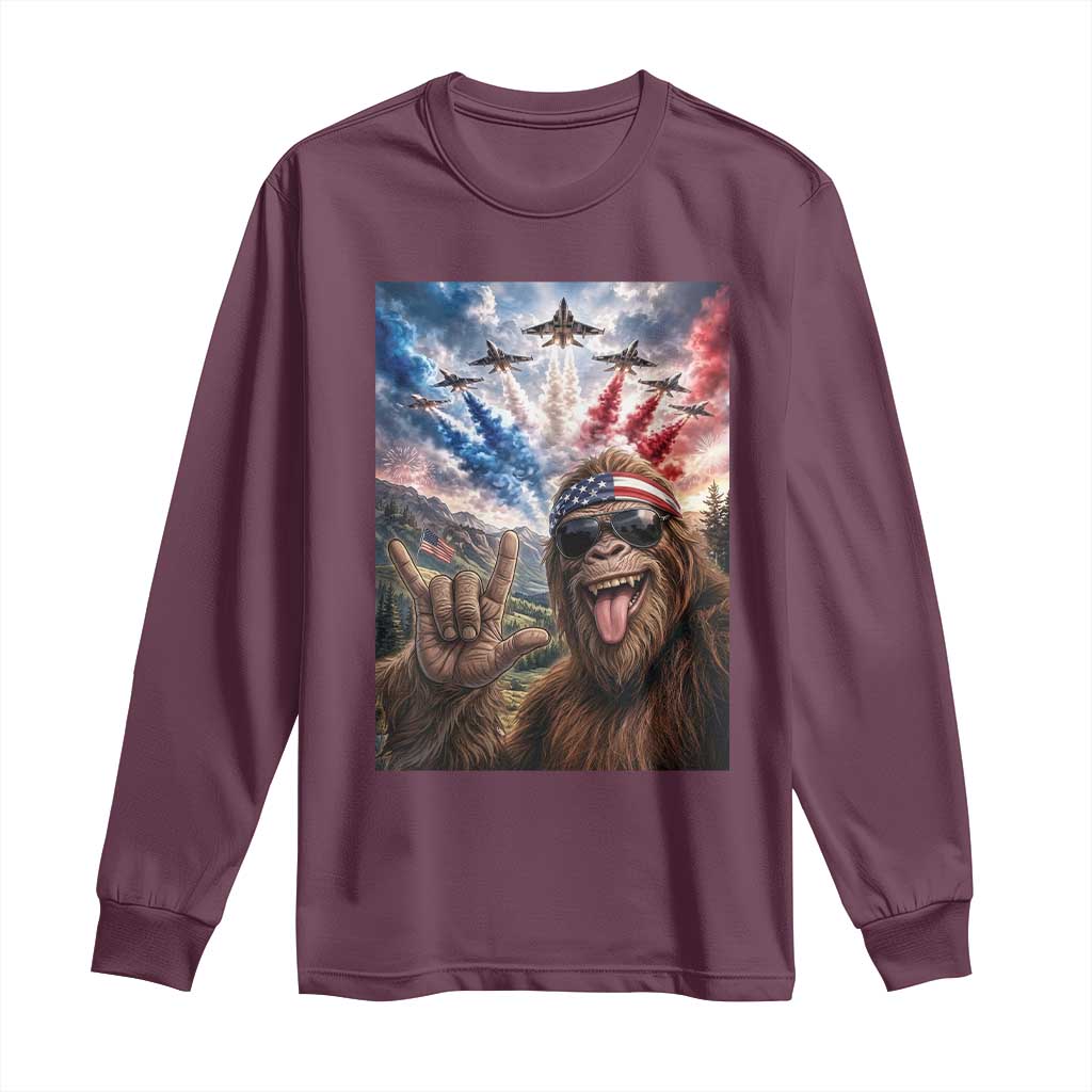 Patriotic Bigfoot 4th Of July Selfie Long Sleeve Shirt Funny USA Freedom Jet Fighter Graphic TS12 Maroon Print Your Wear