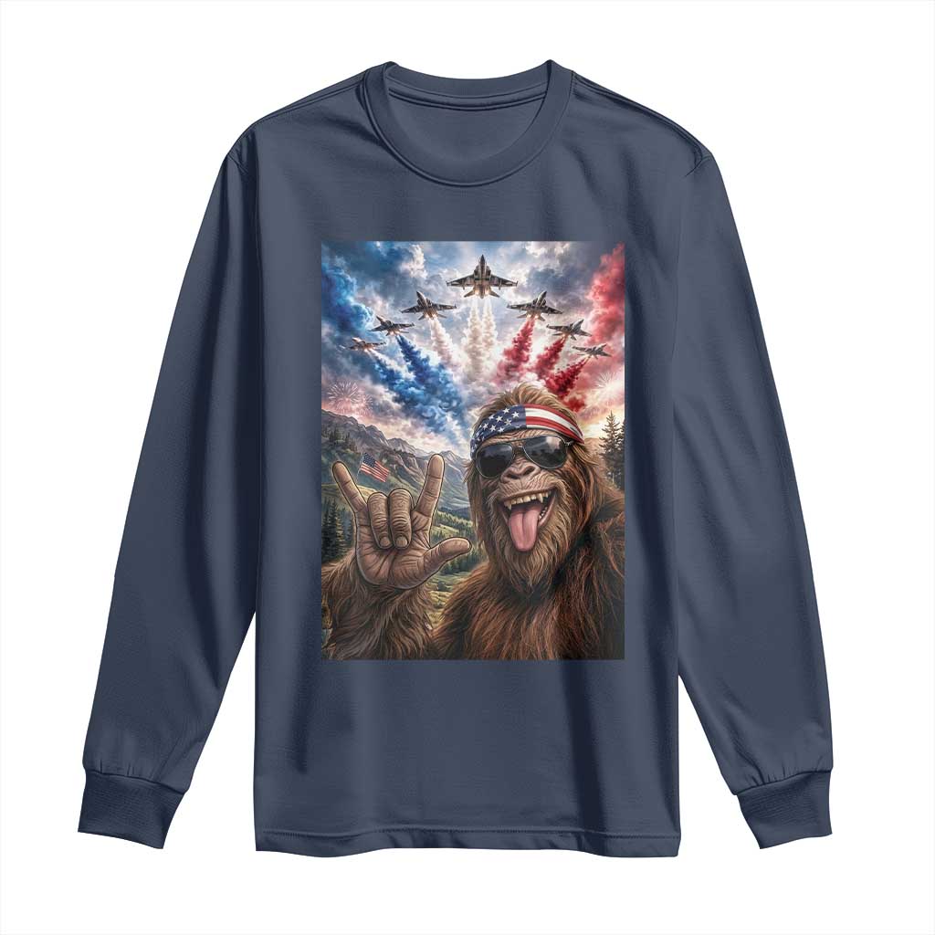 Patriotic Bigfoot 4th Of July Selfie Long Sleeve Shirt Funny USA Freedom Jet Fighter Graphic TS12 Navy Print Your Wear