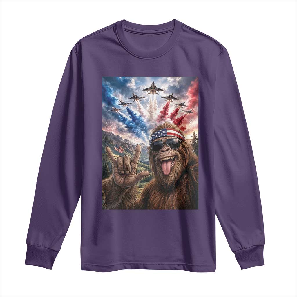 Patriotic Bigfoot 4th Of July Selfie Long Sleeve Shirt Funny USA Freedom Jet Fighter Graphic TS12 Purple Print Your Wear