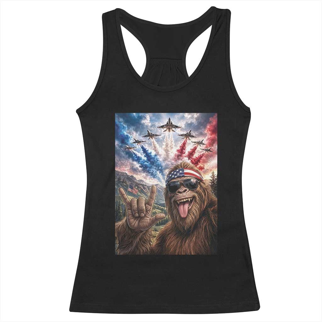 Patriotic Bigfoot 4th Of July Selfie Racerback Tank Top Funny USA Freedom Jet Fighter Graphic TS12 Black Print Your Wear