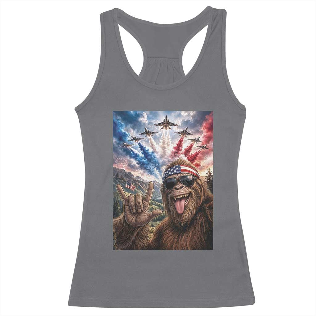 Patriotic Bigfoot 4th Of July Selfie Racerback Tank Top Funny USA Freedom Jet Fighter Graphic TS12 Charcoal Print Your Wear